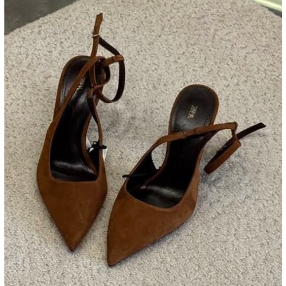 RARE!!! ZARA Brown Suede Leather Slingback Heels NWT 🤎 - Picture 7 of 16